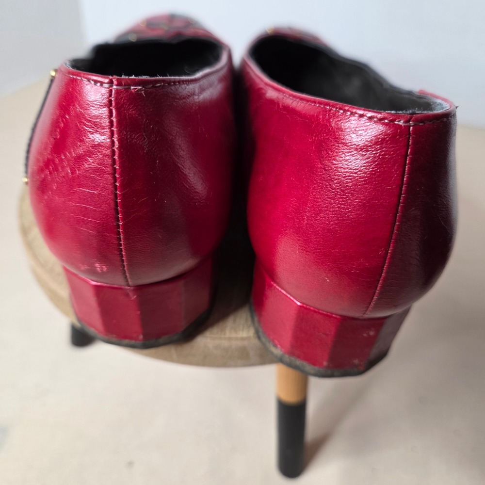 Vintage Margaret J Red Black Leather Star Studded Block Heel Pumps 2836 7M - Picture 6 of 11